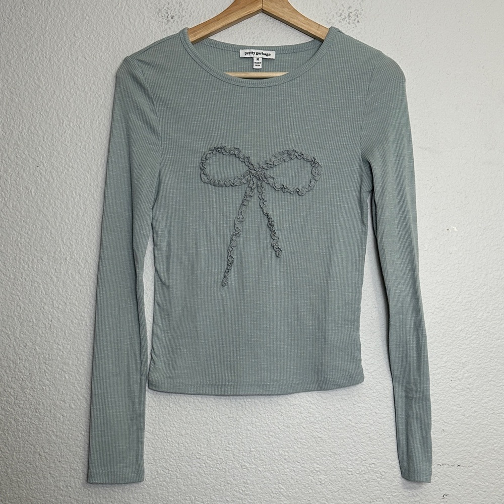 Pretty Garbage Mint Green Ribbed Knit Bow Long Sleeve Top Womens Medium Coquette